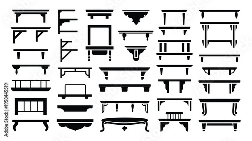 Collection of various black silhouettes of furniture shelves and tables on white background for design and decoration