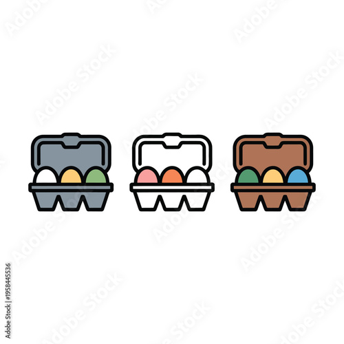Three cartoon egg cartons with colorful eggs on white background