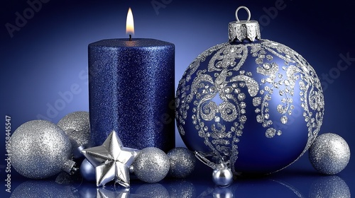 Macro decoration close-up, blue Christmas ornaments and metallic stars revealed in intricate detail under candlelight. 