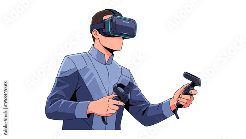 Immersed in Virtual Reality: A person wearing a VR headset, fully engrossed in a virtual world, holding controllers and experiencing immersive technology.