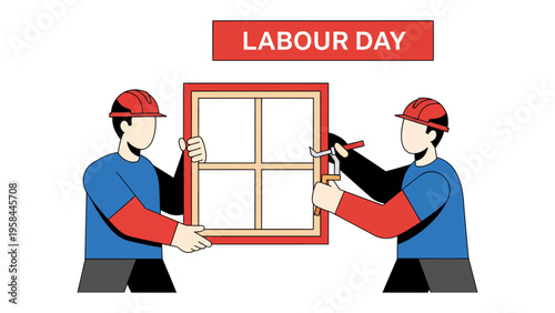Labour Day Construction: Two construction workers collaborate on Labour Day, with the words Labour Day inscribed above, symbolizing a celebration of laborers.