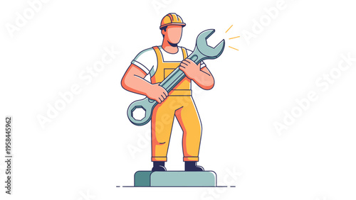 Engineering illustration: A stylized illustration features a construction worker confidently holding a large wrench. This image encapsulates the essence of engineering and construction.