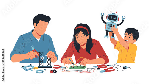 Family's Robot Project: A family of three engages in the exciting process of building and celebrating the creation of a robot, fostering teamwork and learning. 