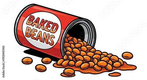 A can of baked beans spills out onto a white surface