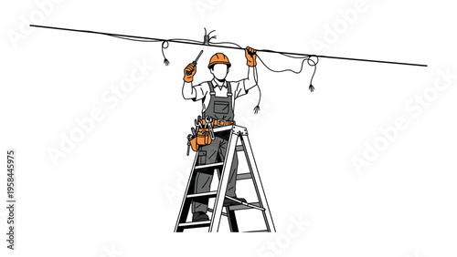 Electrician on the Job: An electrician, safely perched atop a ladder, meticulously wires electrical cables, embodying skill and precision in a focused and technical environment.