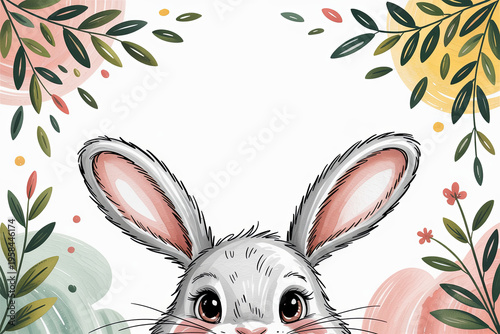 Cute bunny face with floral corner leaves for easter card background and invitation design