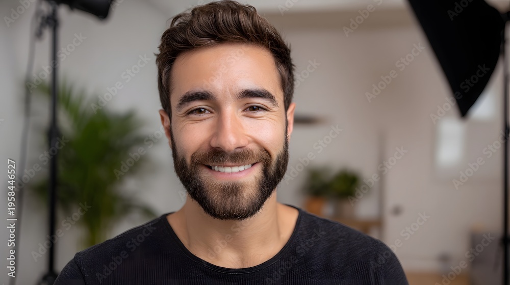 Obraz premium A man with a beard smiles warmly at the in a well lit indoor setting with studio equipment visible