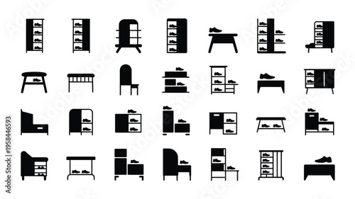 Collection of various black furniture icons including beds desks chairs and shelves on white background for design and decoration