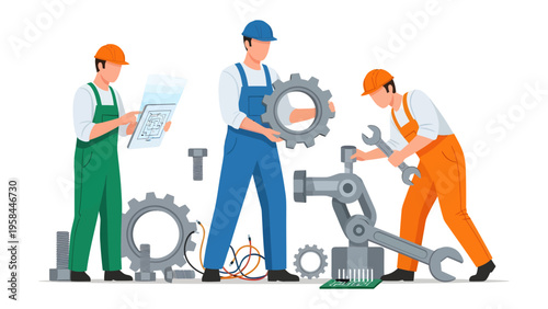 Engineering Team at Work: A collaborative team of engineers meticulously assembling complex machinery, showcasing expertise, precision, and the intricate world of industry.