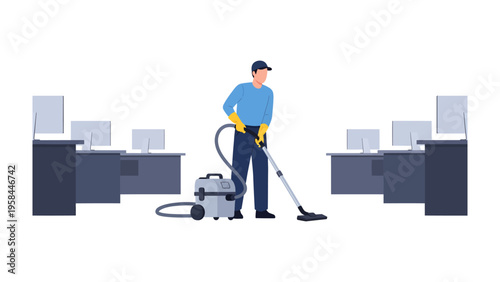Custodian in the Office: A dedicated custodian diligently cleans an office with a vacuum cleaner, embodying a commitment to maintaining a pristine work environment and a safe workplace.