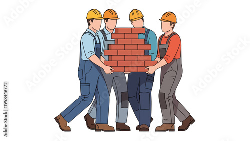 Construction Team Carrying Bricks: Illustrates a dedicated construction team working in unison, collectively transporting a load of bricks.