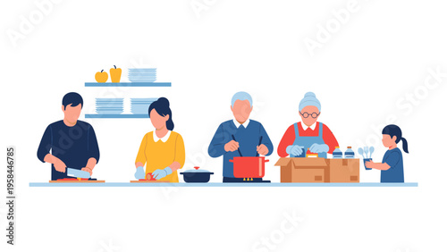 Culinary Family Gathering: A family shares a cooking activity in the kitchen, fostering connections and creating memorable experiences while preparing the food.