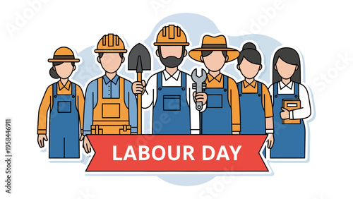 Labor Day Celebration: A group of diverse construction workers stand together with essential tools, celebrating Labor Day with unity. The illustration captures dedication and hard work.