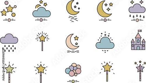 Cute nursery magic icons vector illustration set with stars, clouds, moon, wands, and castle elements in pastel style for baby and kids design.