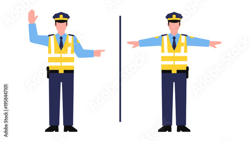 Law Enforcement Guidance: A visual representation of a police officer using hand signals to direct traffic, illustrating the act of controlling or signaling traffic. 