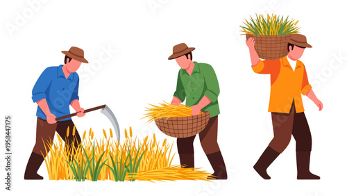 Golden Harvest: Illustration of three individuals, their figures set against a backdrop of sun-drenched fields, busily reaping a bounty of wheat and loading it into woven baskets.