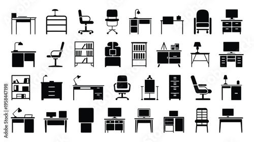 Collection of office furniture icons including desks chairs and shelving units in black silhouette on white background for business and workspace design