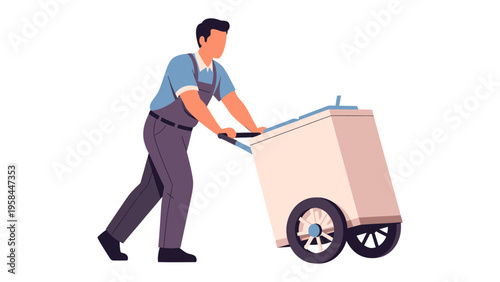 Delivery Man with Cart: A focused delivery man efficiently maneuvers a cart, symbolizing reliability and the smooth flow of goods.