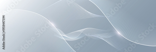 Abstract white wave lines with dot particles on light gray background, digital data technology banner, modern flowing curve network design