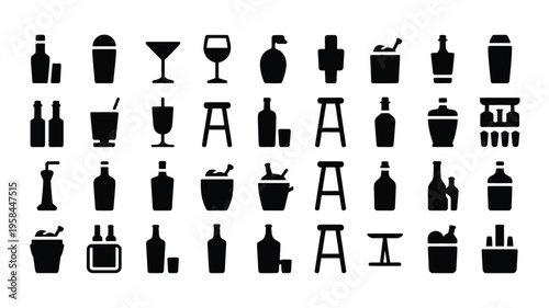 Collection of black cocktail and drink icons on white background for mixology and beverage concepts