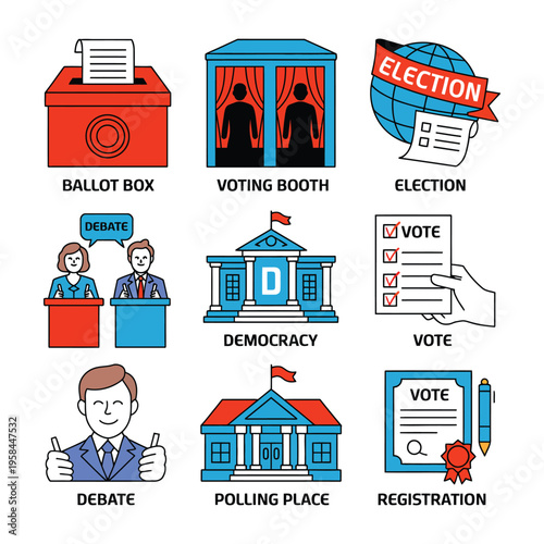 A colorful illustration of various voting and democracy related icons and symbols.