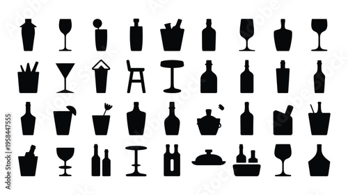 Collection of black silhouettes of various cocktail glasses bottles and drinkware on white background for design and decoration
