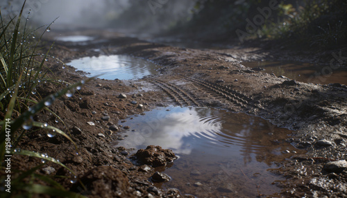 Closeup muddy trail with tire tracks and puddles for outdoor background and nature texture and landscape design