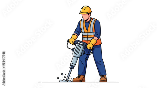 Construction Worker at Work: A construction worker in a hard hat and safety vest skillfully operates a jackhammer, breaking ground with precision and power.