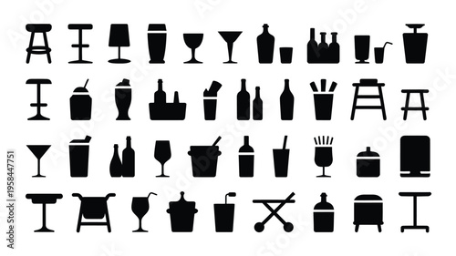 Collection of black silhouettes of various bar and cocktail icons including glasses bottles and furniture on white background
