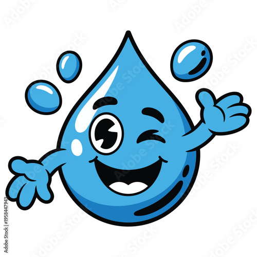 A cheerful cartoon water droplet with a smiling face and arms