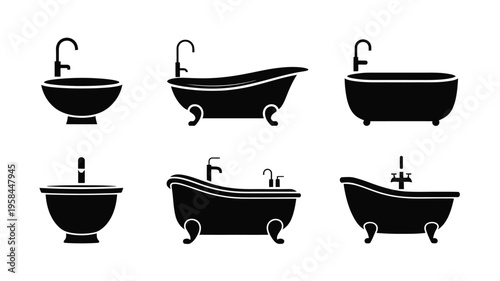 Black silhouette icons of various bathtubs and sinks with faucets on a white background for bathroom design