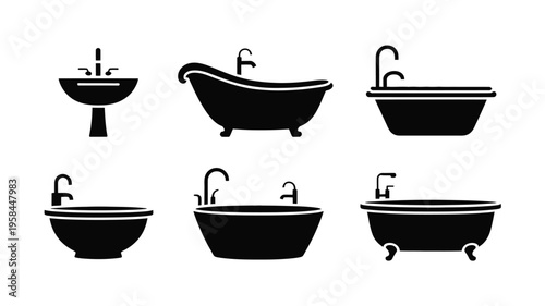 Black icons of various bathroom sinks and bathtubs with faucets on a white background for design and decoration