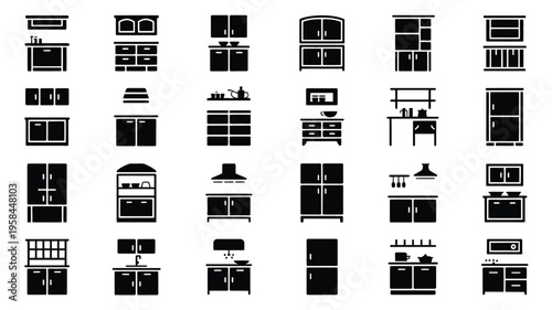 Collection of various kitchen interior designs and appliances in black silhouette on white background for decoration
