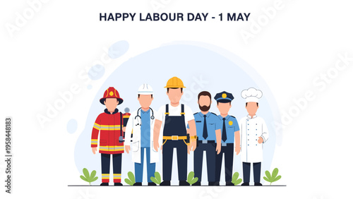 Celebrating Labor Day: A diverse group of essential workers stand united, symbolizing the importance of labor, dedication, and service. This illustration represents various professions.