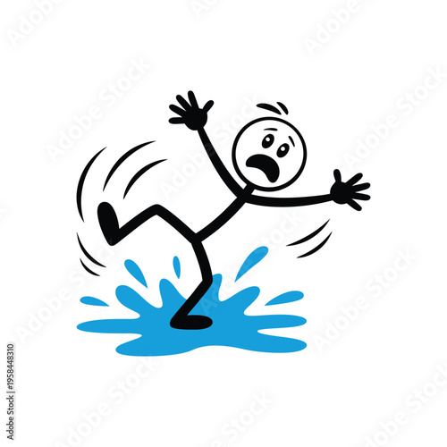 A cartoon stick figure slipping on a puddle of water