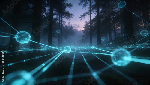 Sensor pulse activating hologram grid in pine forest, mapping ground with glowing nodes for ecology