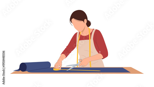 Crafting Creations: A dedicated individual meticulously measures and cuts fabric, demonstrating precision and expertise in the art of garment creation. 