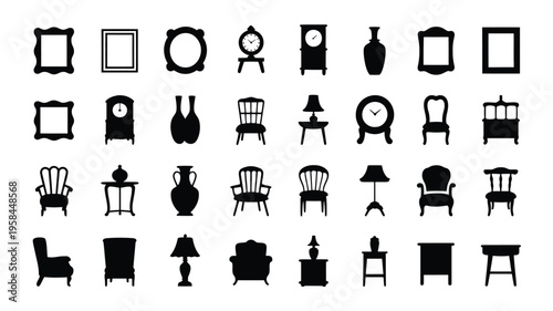 Collection of black furniture and home decor icons including chairs lamps tables mirrors and clocks on white background for design and decoration purposes