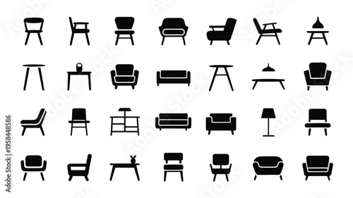 Collection of modern furniture icons including chairs sofas tables and lamps in black silhouette on white background for interior design and decoration concepts