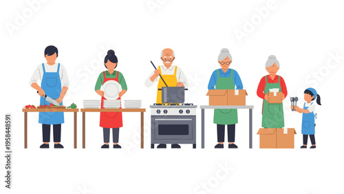 Multi-Generational Family Cooking Together: A multi-generational family unites to cook, bringing together age, skills, and love in a shared culinary experience.