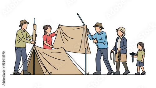Teamwork tent assembly: Family members working together in a camping trip, constructing their tent for a memorable outdoor adventure.