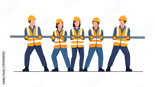 Collaborative Effort: A construction team works together, hoisting a structural component with a sense of unity and shared responsibility.