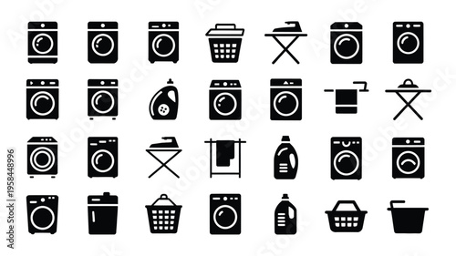 Black and white laundry icons set including washing machines dryers irons and laundry baskets on clean background
