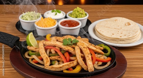 A sizzling fajita skillet overflows with tender chicken strips, colorful bell peppers, and onions.