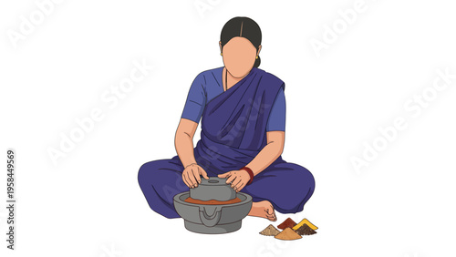 Woman grinding Spices: A woman dressed in traditional attire, her face obscured, skillfully grinds spices using a stone grinder. An illustration showcasing traditional methods of food preparation.
