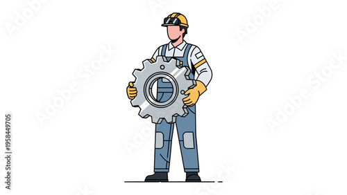 Industrial Engineer Holding Cogwheel: A worker in a hard hat and overalls holds a large metal cogwheel, symbolizing industry and mechanical engineering.