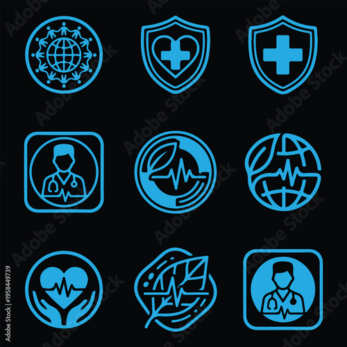 Global Medical and Wellness Icon Set - Blue Neon Line Art featuring Shields, Doctors, and Eco-Health Symbols