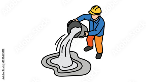 Construction Worker Pouring Liquid: A construction worker, helmet on, pours a liquid from a bucket onto a surface, demonstrating the process of construction.