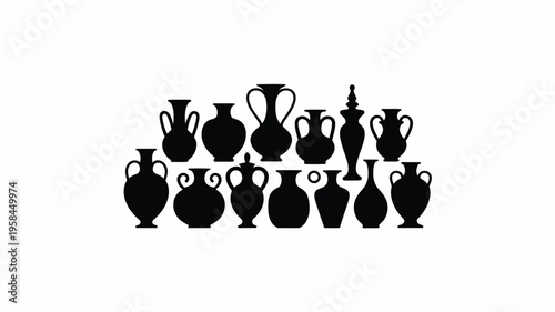 Collection of various ancient black pottery vases and amphorae silhouettes on white background antique ceramics