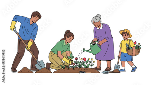 Family in the Garden: A multi-generational family works together in the garden, planting and caring for flowers, fostering a sense of togetherness and shared enjoyment.